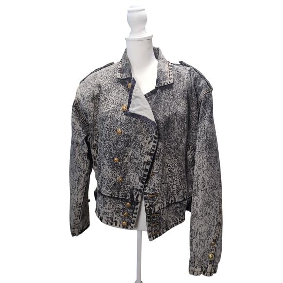 Vintage Nixit Acid Wash Military Denim Jean Jacket Gold‎ Button Size Large 80's - Picture 1 of 7